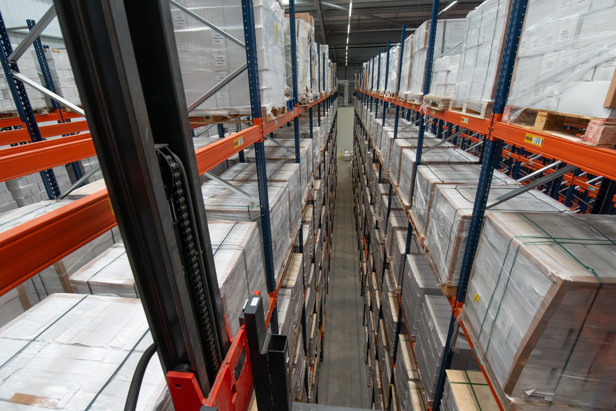 A picture of pallets in racking, taken from a VNA truck in LTS's Warehouse.